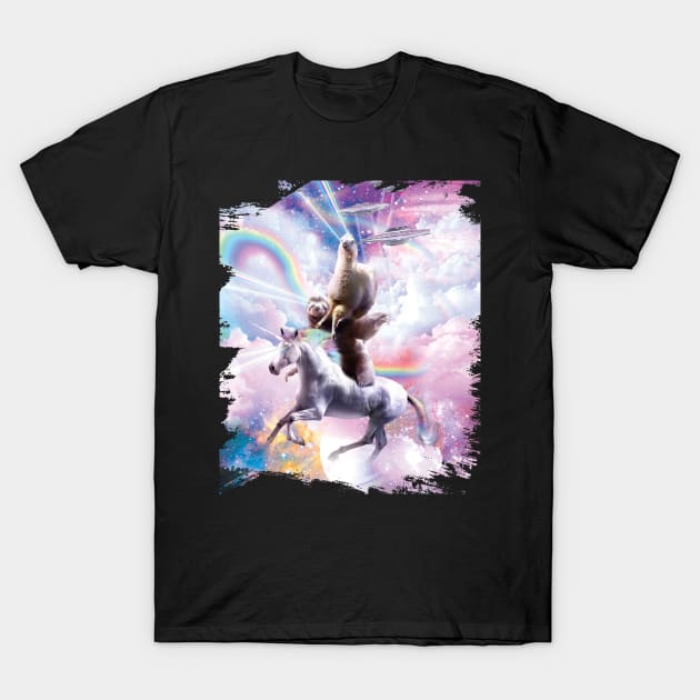 Laser Eyes Space Llama On Sloth Unicorn - Rainbow T-Shirt by Random Galaxy